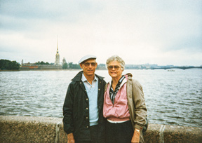 Gus and Corky Nordstrom standing in front of a body of water